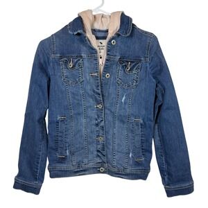 Abercrombie Kids Denim Jacket with Pink Hood Distressed Blue Size 13 14 Zip